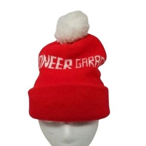 Vintage USA Made Beanie Hat Pom Spellout Pioneer Garage Red White Fold Over OS